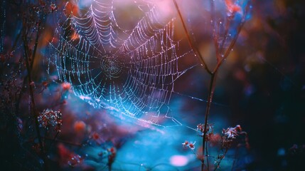 Dew-kissed spiderweb in a mystical forest setting.