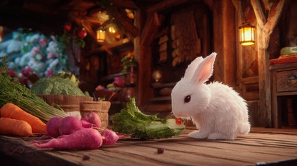 A small, fluffy white rabbit eating vegetables in a rustic setting.