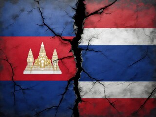 Cambodia VS Thailand flag painting on cracked background . Confliction and crisis concept .