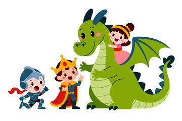 Naklejka premium Jealous vector of king, knight, girl, and dragon feeling envy. Perfect for illustrating competitive scenarios in fantasy themed designs and storytelling.