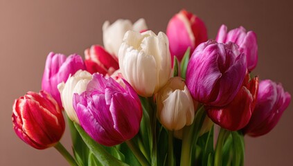 Obraz premium Close-up bouquet of mixed tulips in pink, red, and white