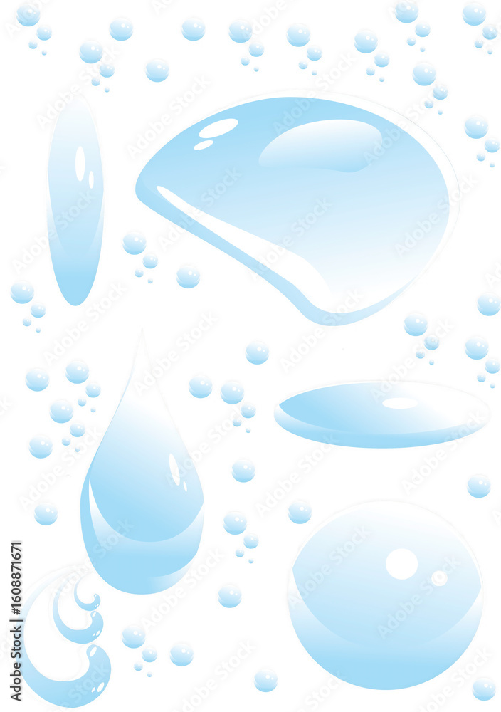 Fototapete collection of realistic water droplets and splashes in various shapes and sizes on a transparent bac