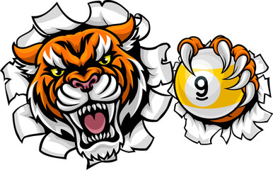 Tiger nine ball pool billiards sports mascot holding a 9 ball cartoon illustration