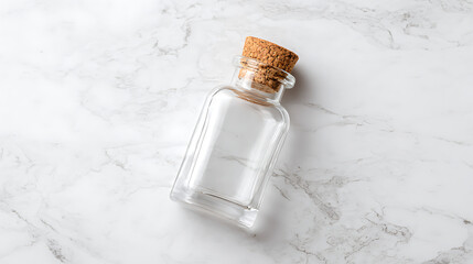 Empty glass spice jar with cork stopper lying on marble table