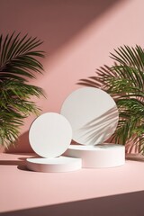 Fototapeta premium Three white circular podiums on a pink background, with tropical palm leaves casting shadows