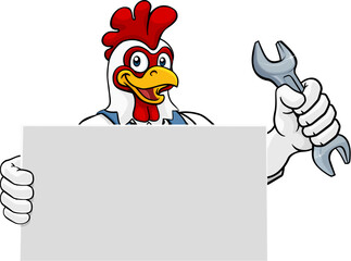 A chicken or rooster handyman, mechanic, plumber or other construction cartoon mascot man holding a wrench or spanner tool.