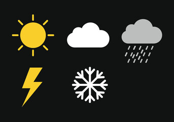 Simple weather icons: sun, cloud, rain, lightning, snow.