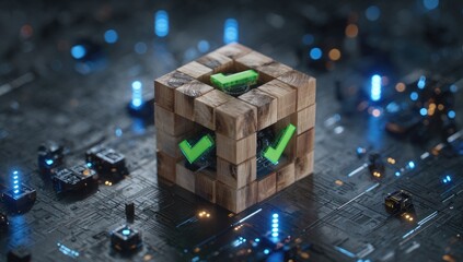 Wooden cube with checkmarks, digital circuit board