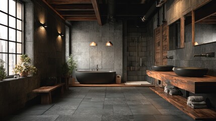 Luxurious industrial bathroom featuring wooden accents, large windows, and stone tiles