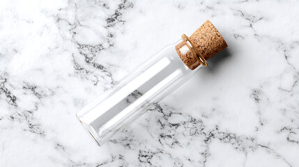 Empty glass bottle with cork lid lying on white marble table