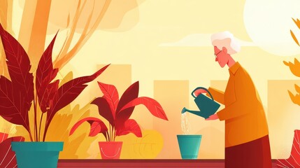 Elderly woman watering houseplants in a sunny indoor setting.