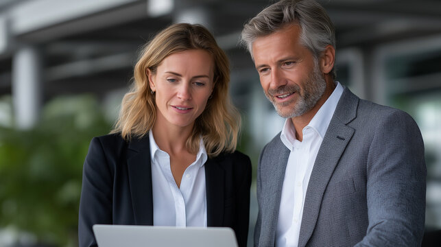 Confident Professionals Reviewing Digital Content Together in a Modern Glass-Walled Office Environment with Clean Design and Emphasis on Productivity, business colleagues collaboration, man woman team