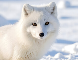 Beautiful winter fur on an arctic fox, high-resolution photo. Close-up of a white fox in the snow.