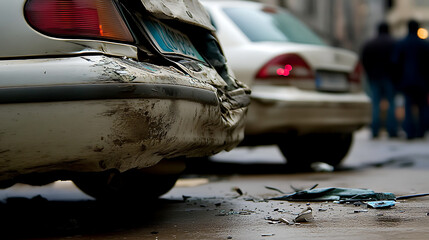 Damaged white car after traffic accident showing broken bumper