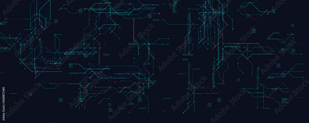 Aufkleber cyber network grid with dotted tech lines. dark futuristic background featuring blue and red digital