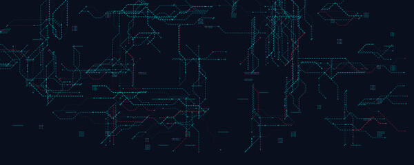 Cyber Network Grid With Dotted Tech Lines. Dark futuristic background featuring blue and red digital routes for cybersecurity, data flow, and systems UI. Clean abstract layout. Vector illustration