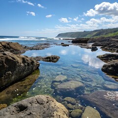 Fototapeta premium Coastal Serenity Tide Pool Reflecting Sky and Clouds with Rocky Shoreline Landscape