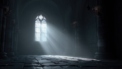 Dark gothic hall, sunlight streams through stained glass window