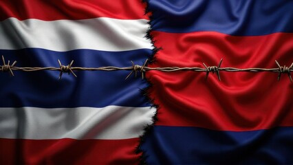 Thailand and Cambodia Flags Divided by Barbed Wire, Political Tensions, Conflict and Diplomacy, Geopolitical Concept