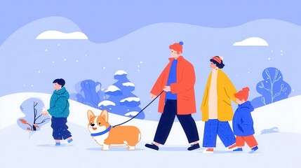 Family enjoying a winter walk with their dog.