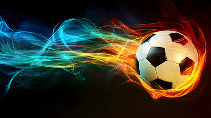 Fototapeta premium Illustration of a soccer ball with colorful energy lines spinning in the air on a black background. Illustration for a sports banner background.