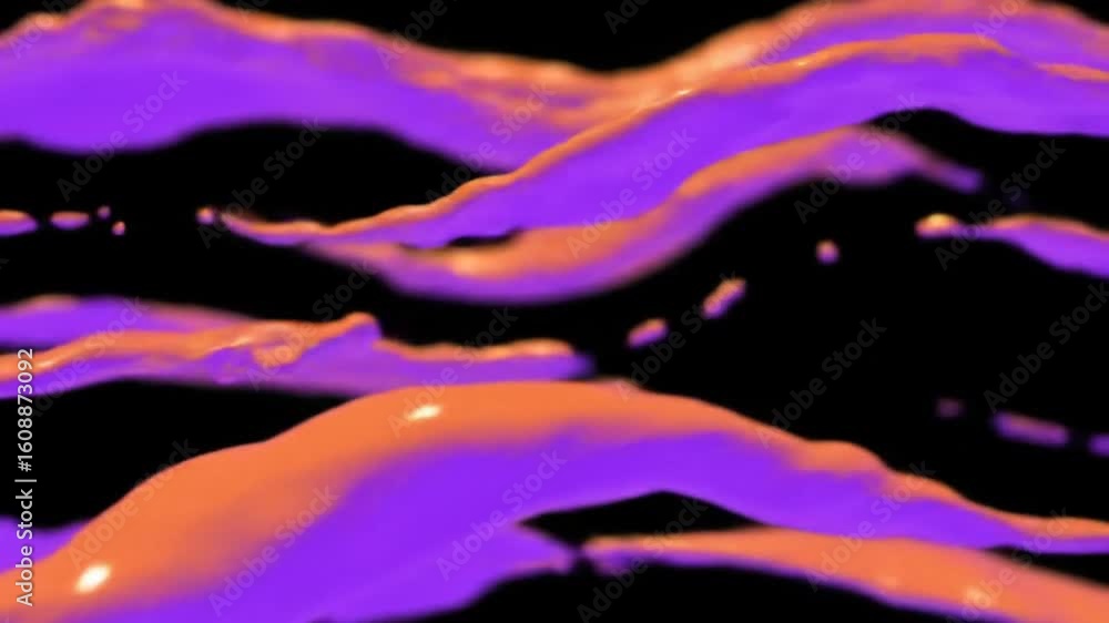 Poster mesmerizing fluid shapes in glowing violet and warm amber hues undulate gracefully within a deep, da