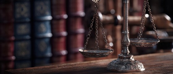 The Scales of Justice in an Antique Legal Library Setting