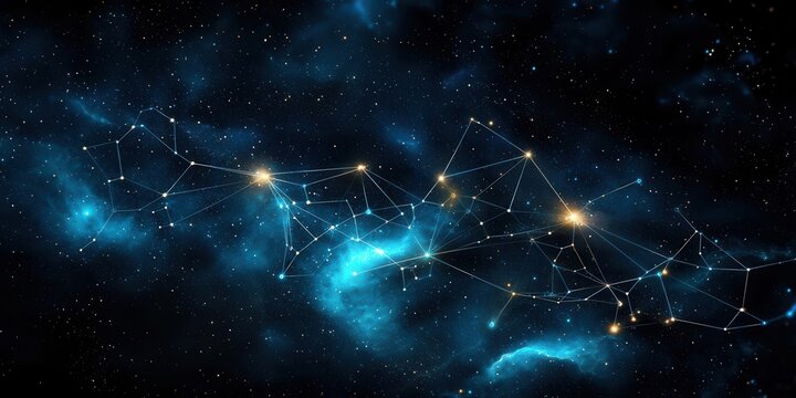 Abstract digital galaxy with glowing stars and lines.