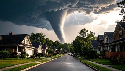 Tornado Rages Over Suburban Street During Storm with Threatening Homes  Sky.
