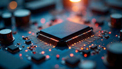 Abstract Close-Up of a Glowing Circuit Board with Central Processing Unit Detail