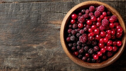 Frozen mixed berries in a wooden bowl.