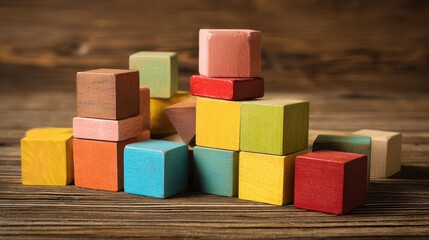 Colorful wooden blocks arranged on a rustic wooden surface.