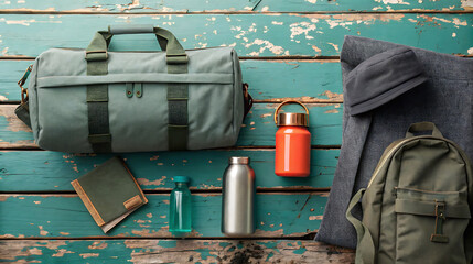 Travel essentials are displayed on a rustic turquoise wooden surface