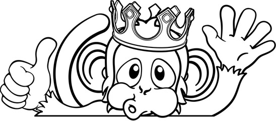 A monkey king cartoon character animal wearing a crown peeking over a sign and waving giving a thumbs up