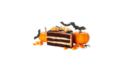 Orange cake decorated in Halloween style on white background.