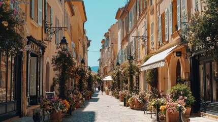 Obraz premium Charming European street with flowering plants, shops, and sunny skies