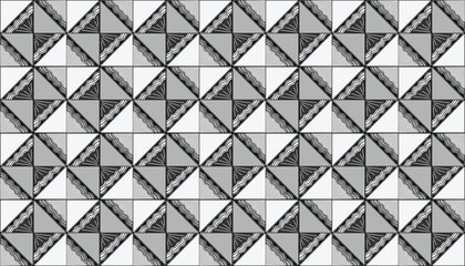 An abstract tile pattern featuring repeating triangular shapes in black and gray, some decorated with striped details. Suitable for contemporary fabric motifs and backdrops