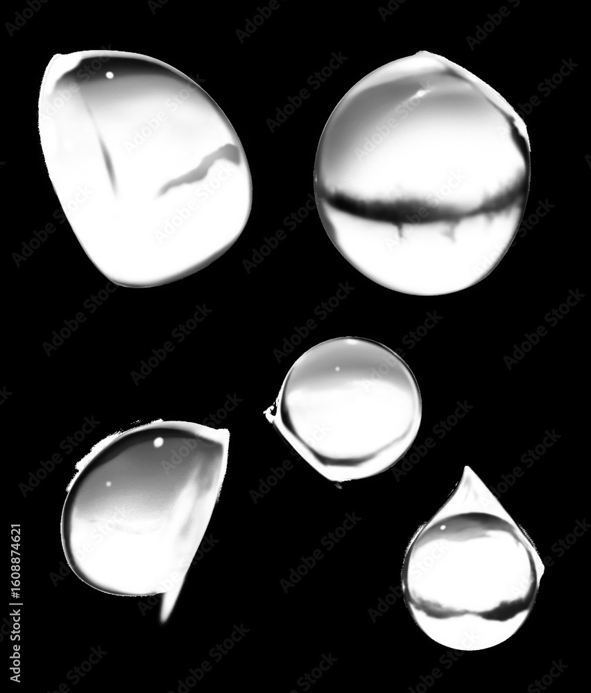 Fototapete close up macro view of multiple clear liquid water droplets of various shapes and sizes isolated on 