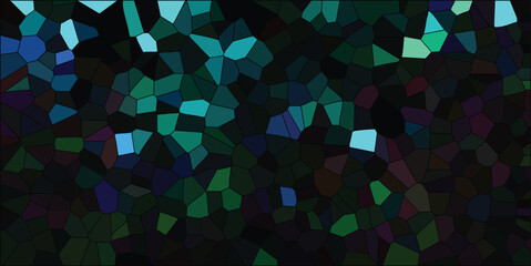 Abstract stained glass mosaic in shades of teal blue green and dark backgrounds with artistic textures and organic forms