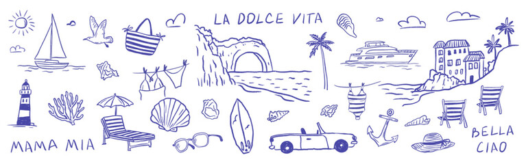 Coastal Italian life scene with yacht, car, lighthouse, seashell, sea, beach accessories and seagull. Mediterranean symbols with summer travel spirit. Relaxed crayon sketch vector illustration. © Viktoriia Melkisheva