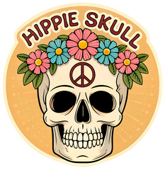 Hippie Skull Flower Crown Retro 60s. PNG, Print Sticker, Sticker.