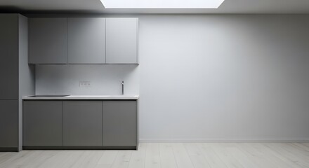 Fototapeta premium Cloud grey kitchen wall with white stone top, seamless floor and skylight light, minimalist kitchen photography for editorial architecture features