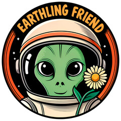 Earthling Friend Alien Flower Retro 60s. PNG, Print Sticker, Sticker.