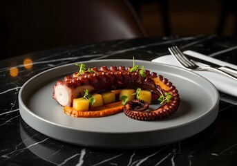 Grilled octopus with romesco and potato, dramatic plating on grey ceramic plate, fine dining seafood photography for upscale culinary branding