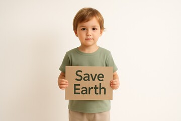 Small Child Holding Save Earth Banner, Minimalistic Clean White Background, Climate Awareness Concept