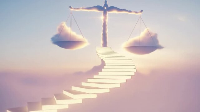 Ethereal Stairway of Books Leading to Heavenly Scales of Justice in a Dreamlike Sky