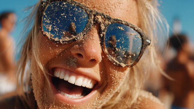 Joyful Person Laughing with Face Covered in Sand at Beach