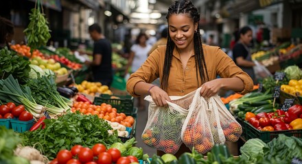 Smiling young woman shops for fresh produce at vibrant outdoor farmers market with reusable net bags