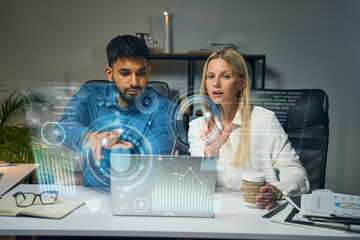 Two Professionals Collaborating On Futuristic Technology With Holographic Data, Symbolizing...