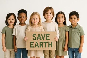 Small Child Holding Save Earth Banner, Minimalistic Clean White Background, Climate Awareness Concept